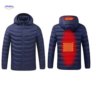 Verwarmde gewatteerde jas met capuchon, 2 tot 15 zones, kleur blauw 2 zones verwarmd