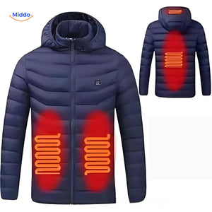 Verwarmde gewatteerde jas met capuchon, 2 tot 15 zones, kleur blauw 4 zones verwarmd
