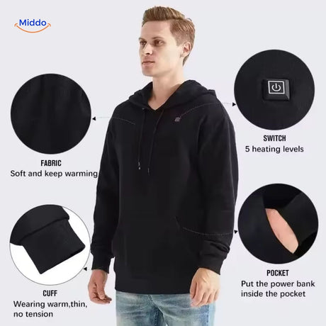Verwarmde hoodie met USB, 5 of 7 warmtezones