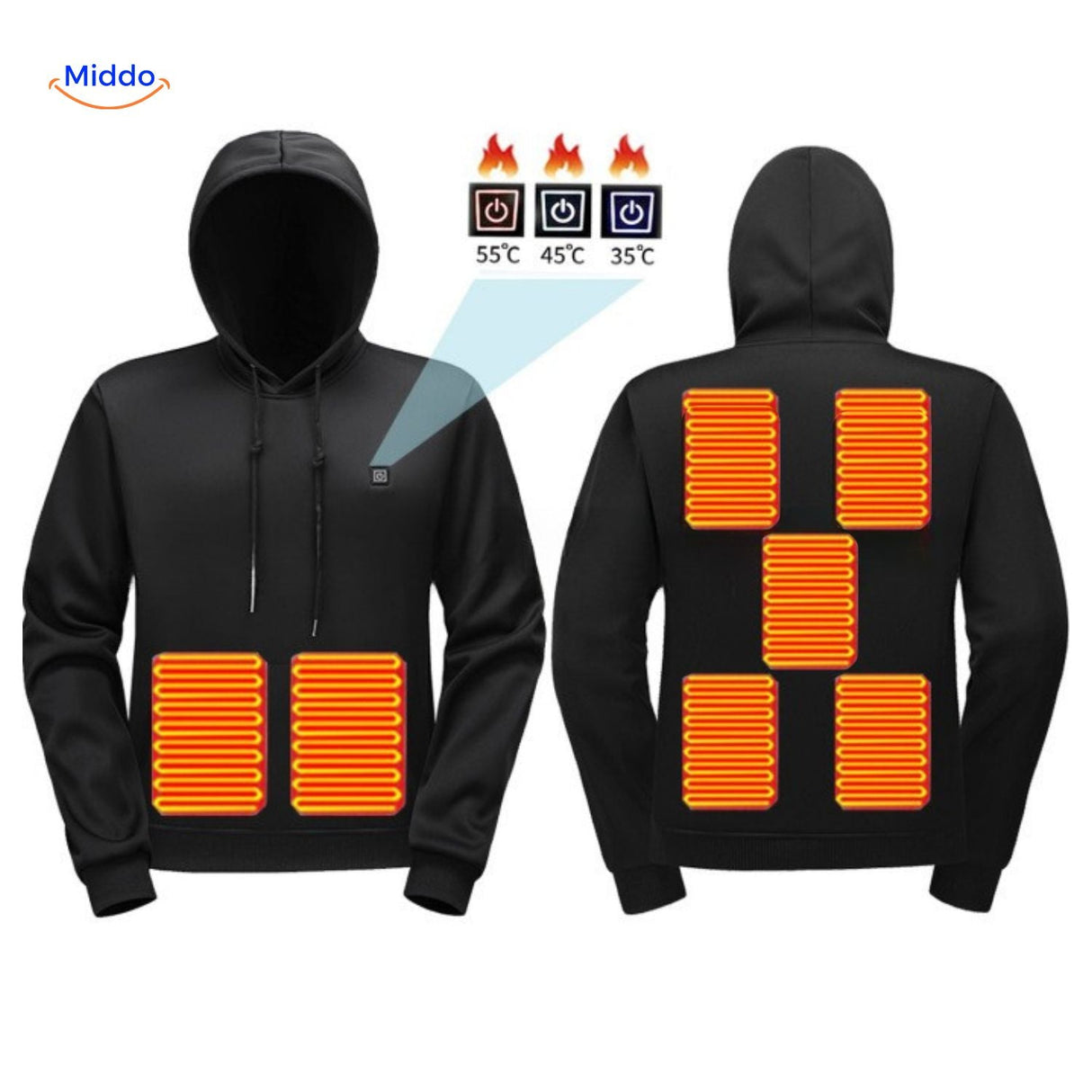 Verwarmde hoodie met USB, 5 of 7 warmtezones, kleur zwart 7 verwarmende zones