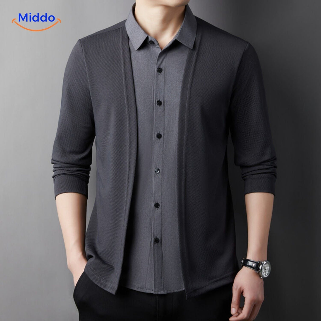 2-in-1 herenvest met ingezet overhemd, slim fit