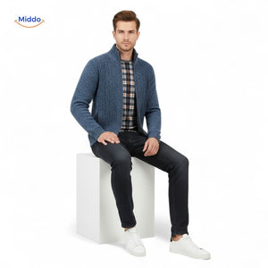 Gebreid herenvest met rits, kabelpatroon en ribkraag, kleur blauw