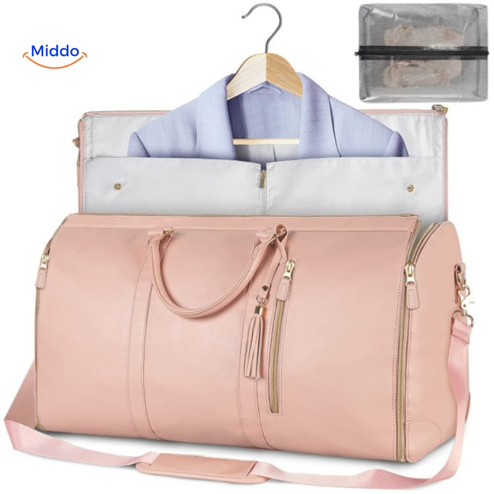 Weekendtas die openvouwt tot volledige kledinghoes, kleur roze