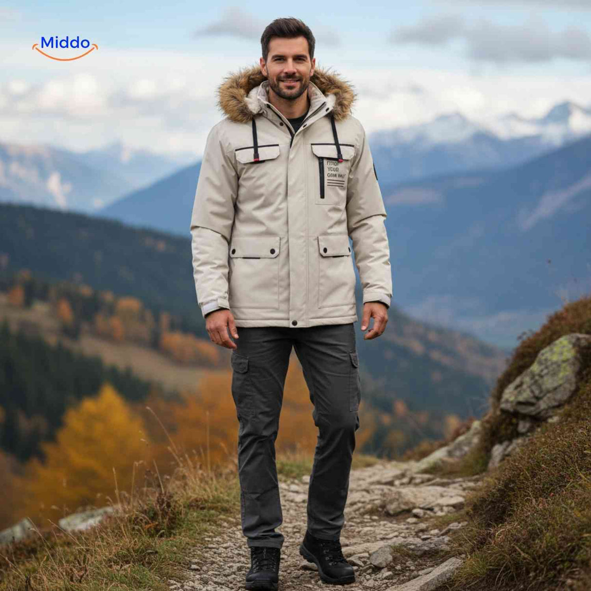 Gevoerde jas met vaste capuchon en vier ritszakken