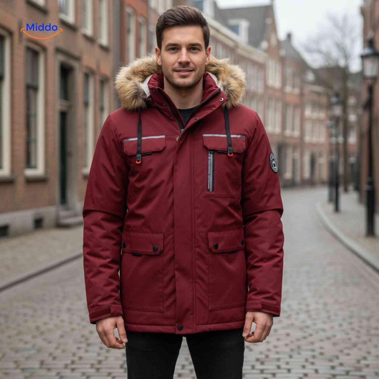 Gevoerde jas met vaste capuchon en vier ritszakken, kleur rood