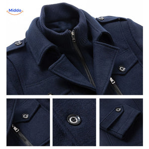 Winterjas heren van wolmix, trenchcoat met dubbele kraag