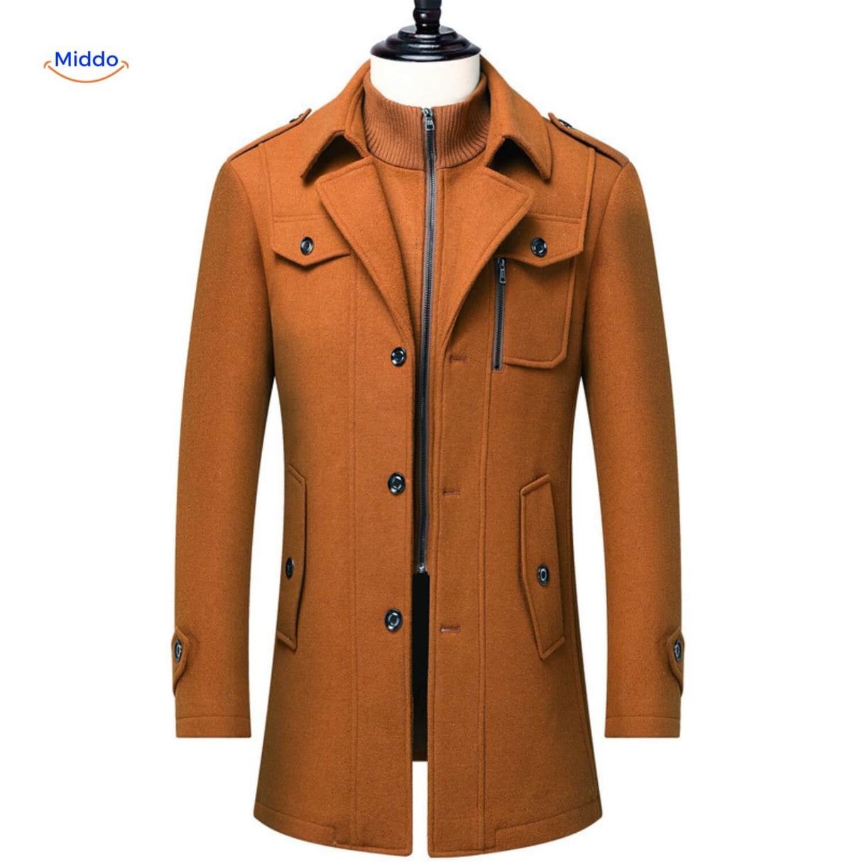 Winterjas heren van wolmix, trenchcoat met dubbele kraag, kleur bruin