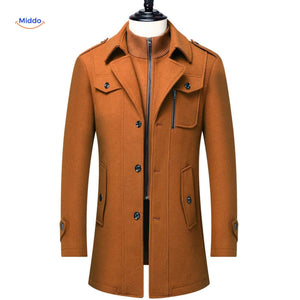 Winterjas heren van wolmix, trenchcoat met dubbele kraag, kleur bruin
