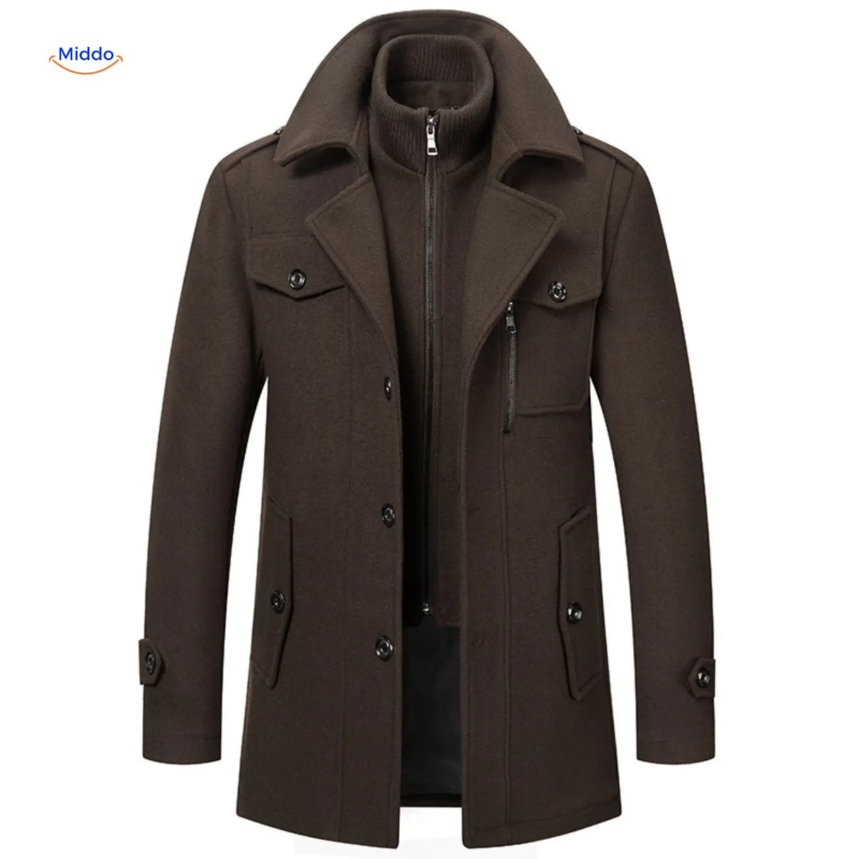 Winterjas heren van wolmix, trenchcoat met dubbele kraag, kleur donkerbruin