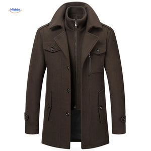 Winterjas heren van wolmix, trenchcoat met dubbele kraag, kleur donkerbruin