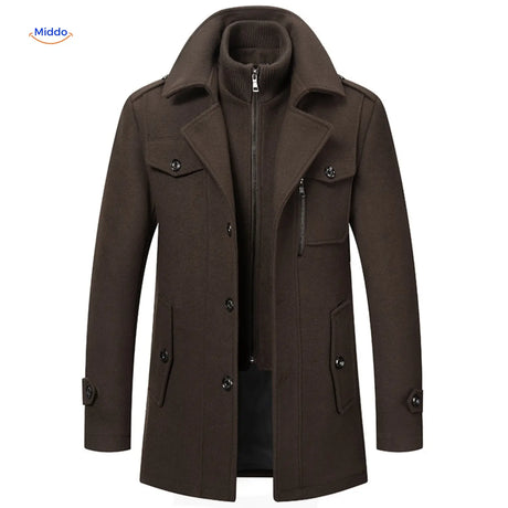 Winterjas heren van wolmix, trenchcoat met dubbele kraag, kleur donkerbruin