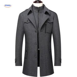 Winterjas heren van wolmix, trenchcoat met dubbele kraag, kleur grijs