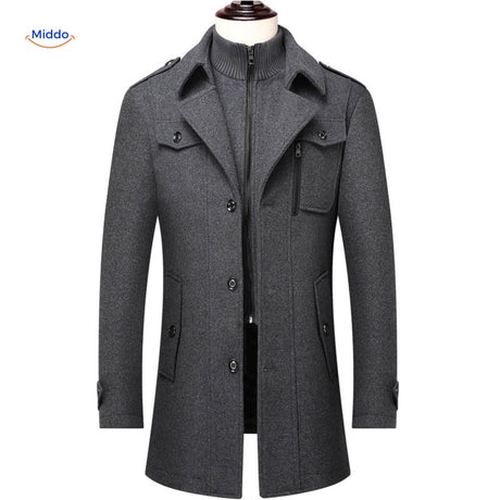 Winterjas heren van wolmix, trenchcoat met dubbele kraag, kleur grijs