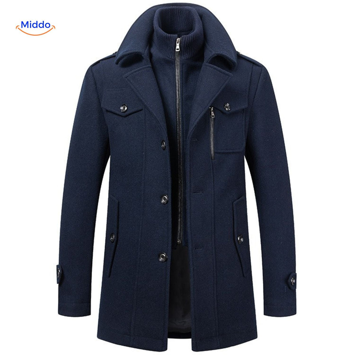 Winterjas heren van wolmix, trenchcoat met dubbele kraag, kleur marine blauw
