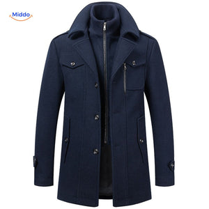 Winterjas heren van wolmix, trenchcoat met dubbele kraag, kleur marine blauw