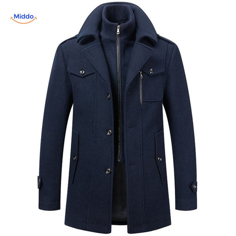 Winterjas heren van wolmix, trenchcoat met dubbele kraag, kleur marine blauw