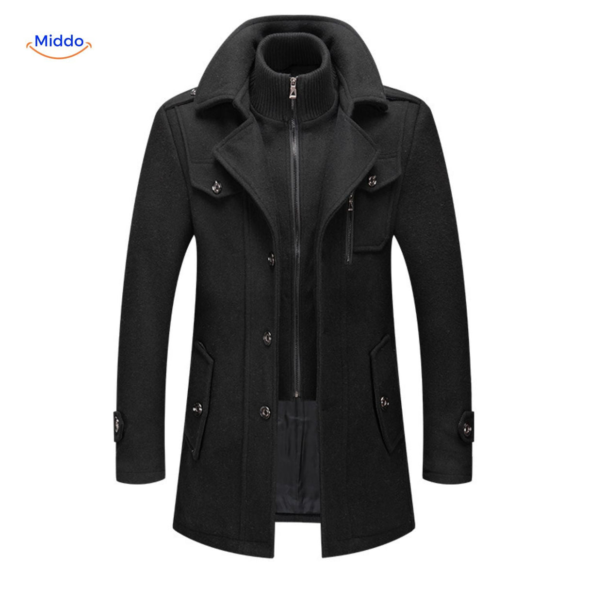 Winterjas heren van wolmix, trenchcoat met dubbele kraag, kleur zwart