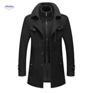 Winterjas heren van wolmix, trenchcoat met dubbele kraag, kleur zwart