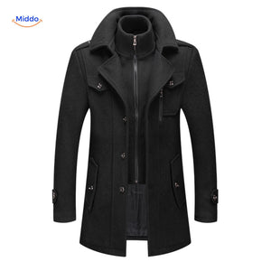 Winterjas heren van wolmix, trenchcoat met dubbele kraag, kleur zwart