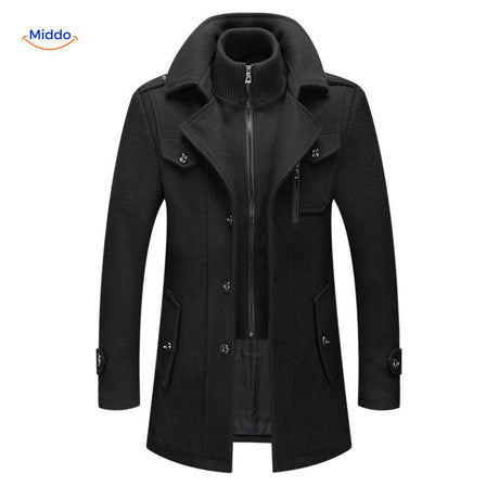 Winterjas heren van wolmix, trenchcoat met dubbele kraag, kleur zwart