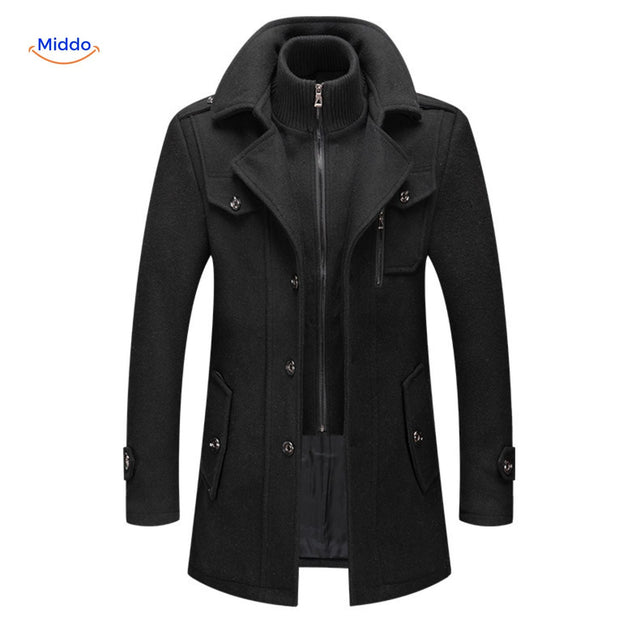 Winterjas heren van wolmix, trenchcoat met dubbele kraag, kleur zwart