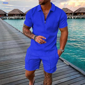 Zomerset heren met ritspolo en bijpassende short, kleur blauw
