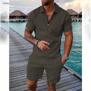 Zomerset heren met ritspolo en bijpassende short, kleur legergroen