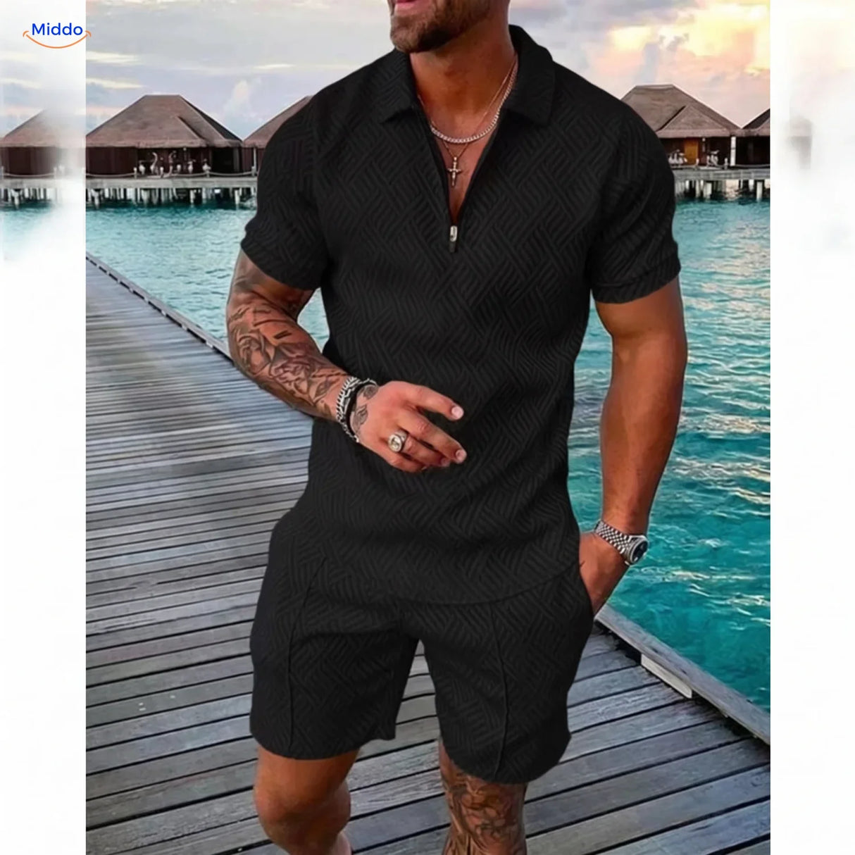 Zomerset heren met ritspolo en bijpassende short, kleur zwart