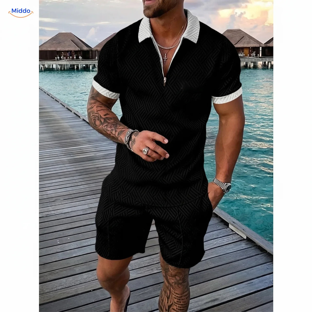 Zomerset heren met ritspolo en bijpassende short, kleur zwart met witte randen