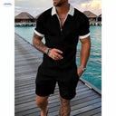 Zomerset heren met ritspolo en bijpassende short, kleur zwart met witte randen