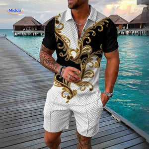 Zomerset heren met ritsshirt en bijpassende shorts, kleur barok luxe zwart/goud