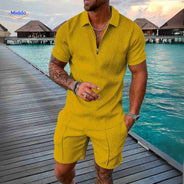 Zomerset heren met ritsshirt en bijpassende shorts, kleur geometrisch mosterdgeel