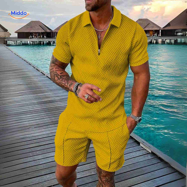 Zomerset heren met ritsshirt en bijpassende shorts, kleur geometrisch mosterdgeel