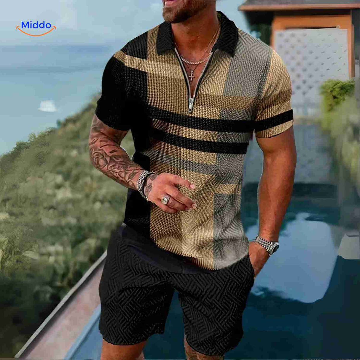 Zomerset heren met ritsshirt en bijpassende shorts, kleur heritage ruit goud/zwart