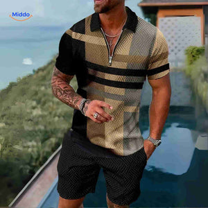 Zomerset heren met ritsshirt en bijpassende shorts, kleur heritage ruit goud/zwart