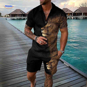 Zomerset heren met ritsshirt en bijpassende shorts, kleur koninklijke leeuwenprint zwart