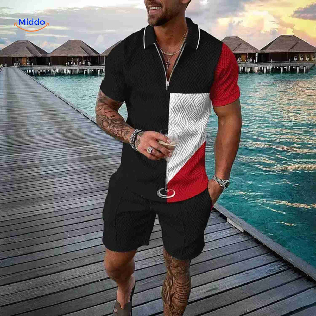 Zomerset heren met ritsshirt en bijpassende shorts, kleur moderne kleurenblok rood/wit/zwart