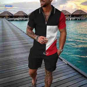 Zomerset heren met ritsshirt en bijpassende shorts, kleur moderne kleurenblok rood/wit/zwart