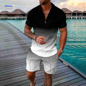 Zomerset heren met ritsshirt en bijpassende shorts, kleur ombre verloop streep zwart/wit
