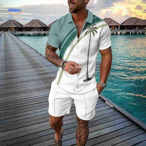 Zomerset heren met ritsshirt en bijpassende shorts, kleur palm bries groen/wit