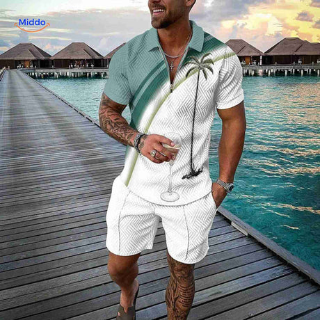 Zomerset heren met ritsshirt en bijpassende shorts, kleur palm bries groen/wit