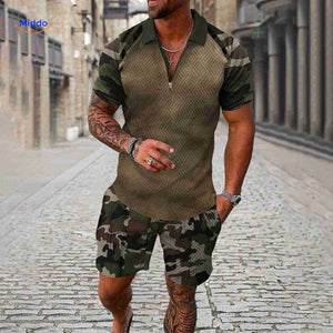 Zomerset heren met ritsshirt en bijpassende shorts, kleur tactisch camouflage legergroen