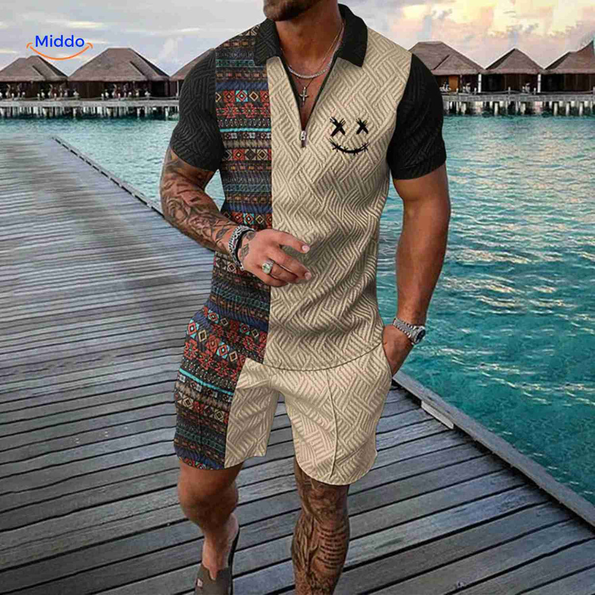 Zomerset heren met ritsshirt en bijpassende shorts, kleur tribal patchwork smiley beige