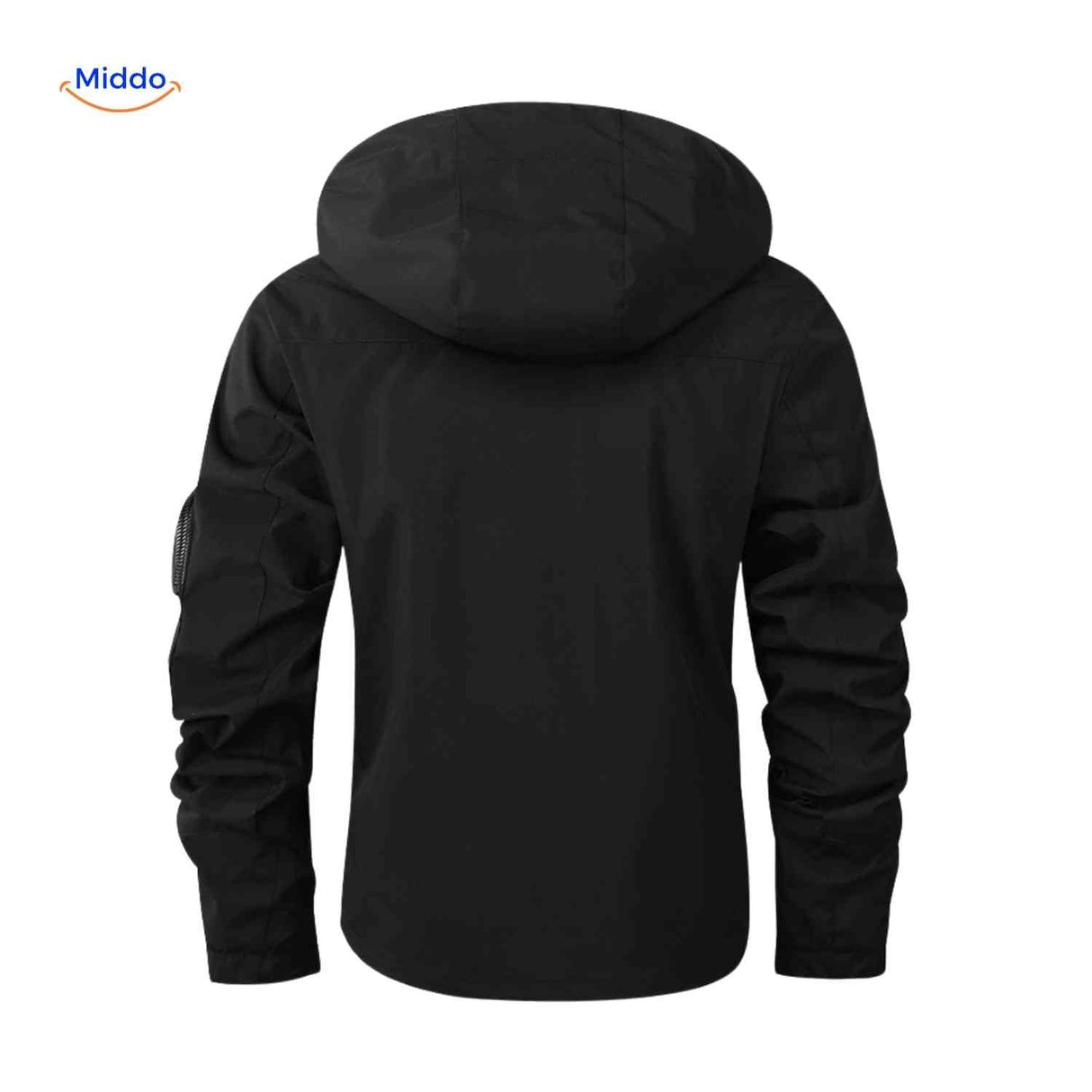 Zwarte heren parka met capuchon en ritszak op mouw