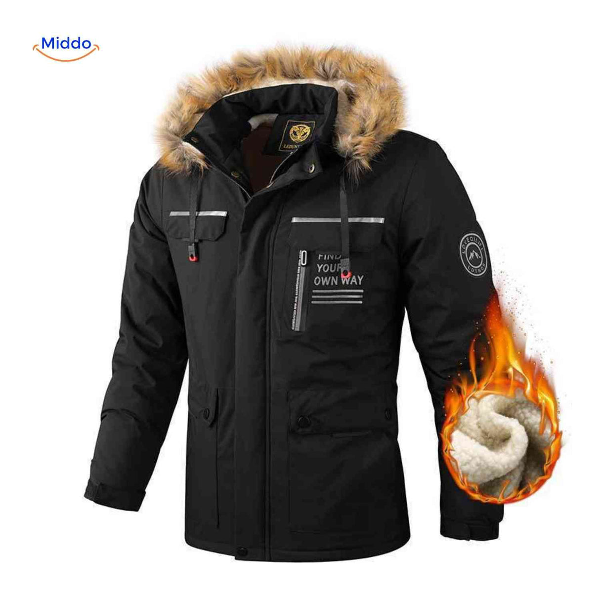 Zwarte thermo heren winterjas met bontkraag en ritszakken