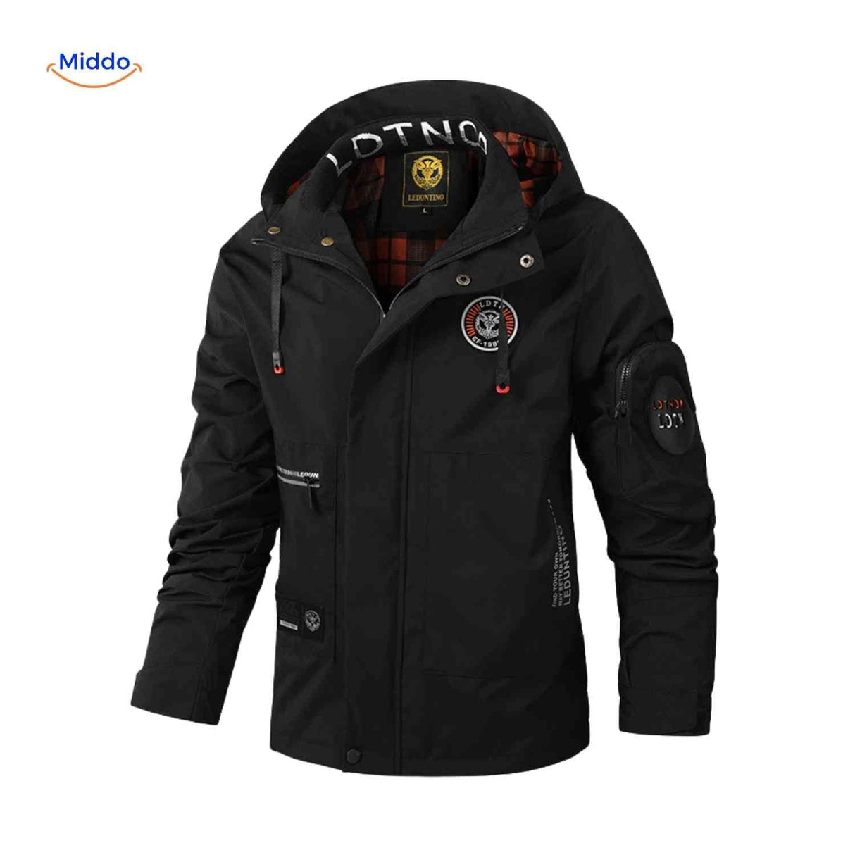 Zwarte waterdichte heren winterjas met capuchon en logo detail