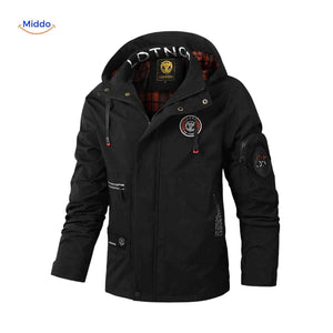 Zwarte waterdichte heren winterjas met capuchon en logo detail