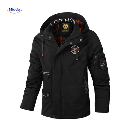 Zwarte waterdichte heren winterjas met capuchon en logo detail