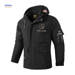 Zwarte winddichte heren parka met capuchon en patch op mouw